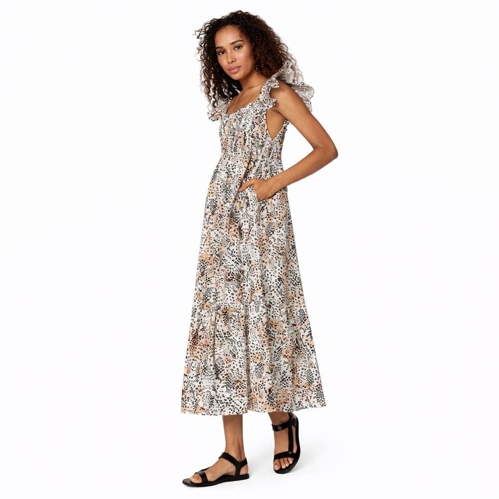 Sea New S York Lana Smocked Dress 100% cotton 0180 maxi flutter brown animal
